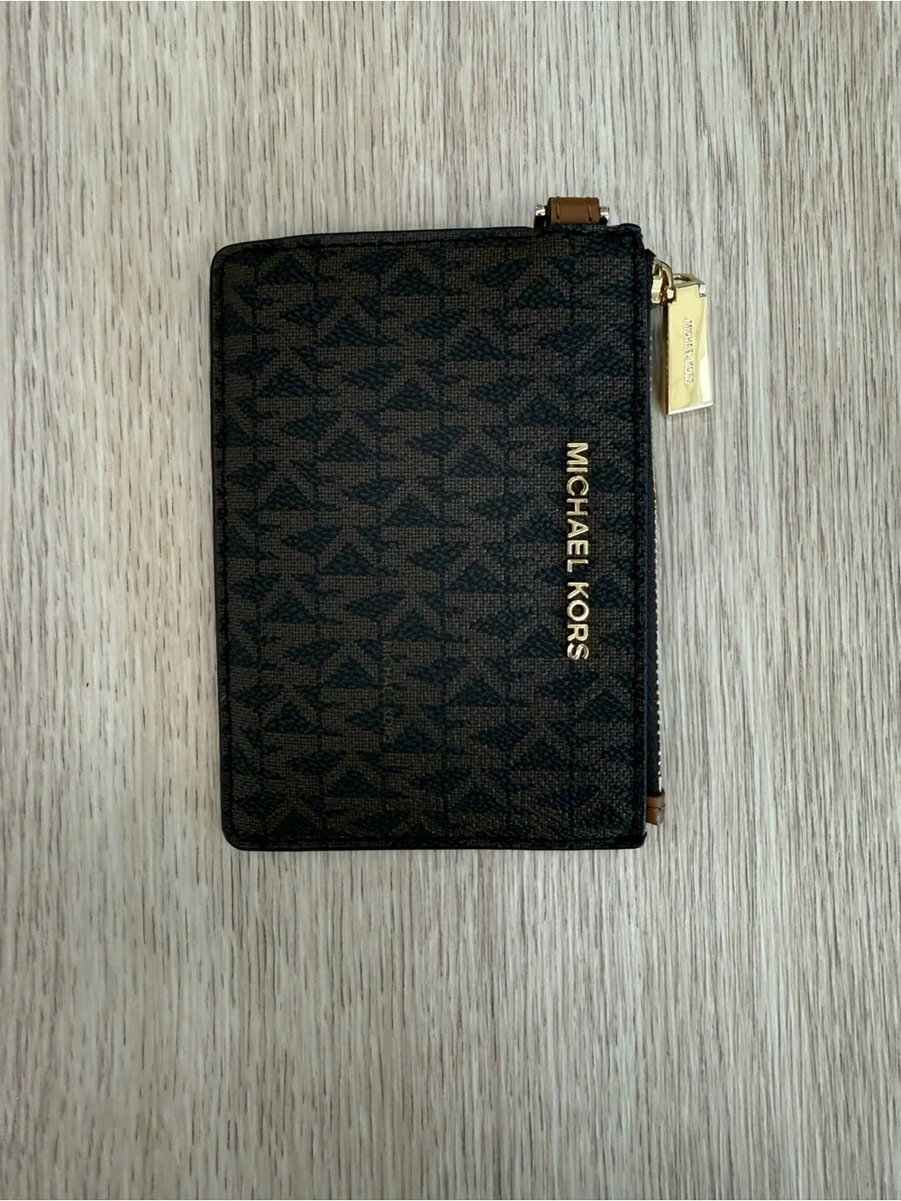 Michael Kors Brown MK Logo Zip Card Pouch with Gold Hardware
